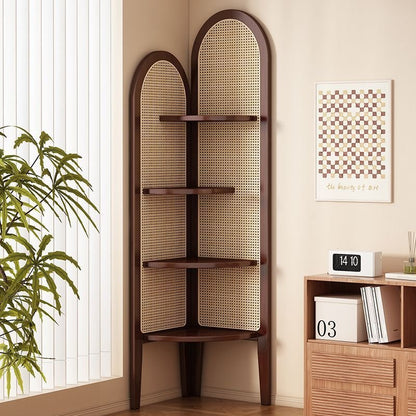 Traditional Bamboo Rattan Fan-Shaped Corner Shelf Arched Detail