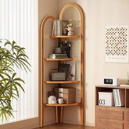 Traditional Bamboo Rattan Fan-Shaped Corner Shelf Arched Front
