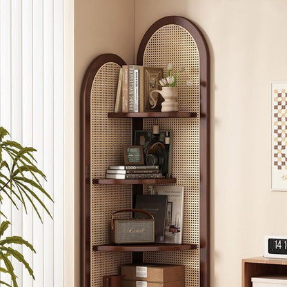 Traditional Bamboo Rattan Fan-Shaped Corner Shelf Arched Full