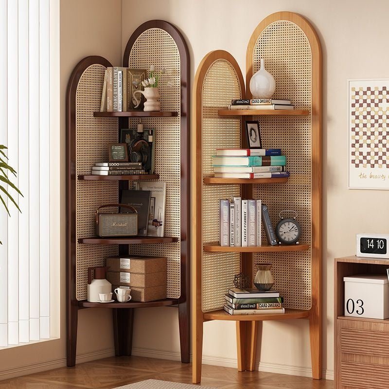 Traditional Bamboo Rattan Fan-Shaped Corner Shelf Arched Hero