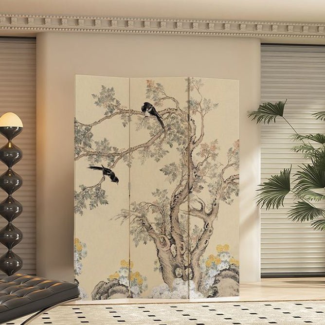 Traditional French Wood Room Divider Floral Bird Panel Angle