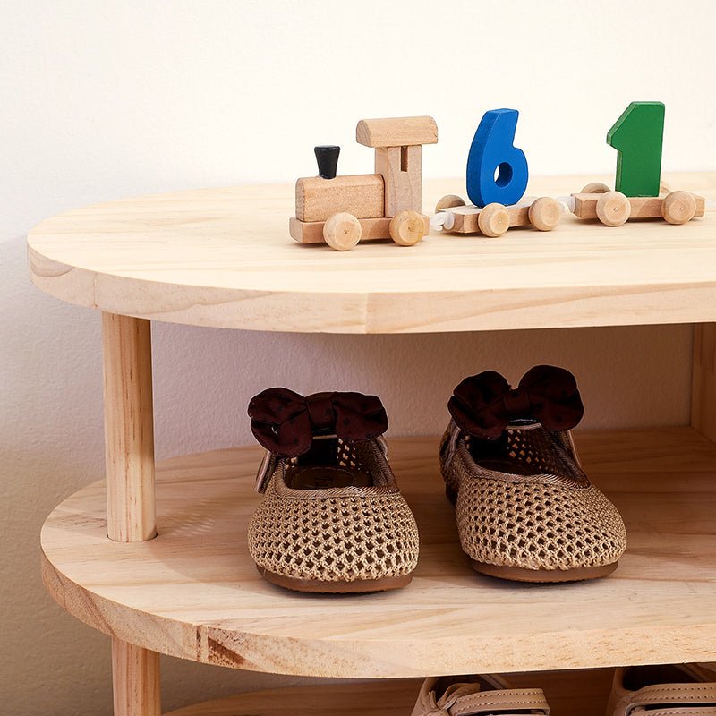 Traditional Japanese Pine Wood Kids Shoe Rack Oval Tier Back