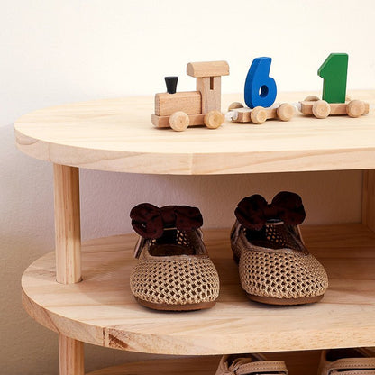 Traditional Japanese Pine Wood Kids Shoe Rack Oval Tier Back