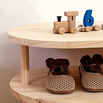 Traditional Japanese Pine Wood Kids Shoe Rack Oval Tier Close Up