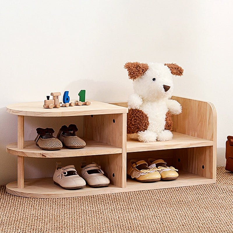 Traditional Japanese Pine Wood Kids Shoe Rack Oval Tier Detail