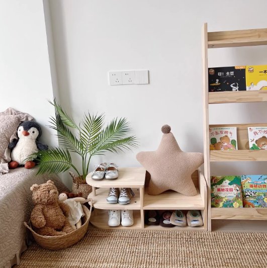 Traditional Japanese Pine Wood Kids Shoe Rack Oval Tier Full