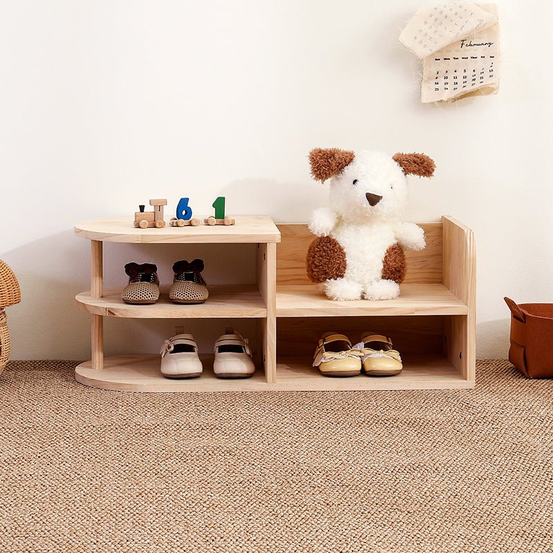 Traditional Japanese Pine Wood Kids Shoe Rack Oval Tier Hero