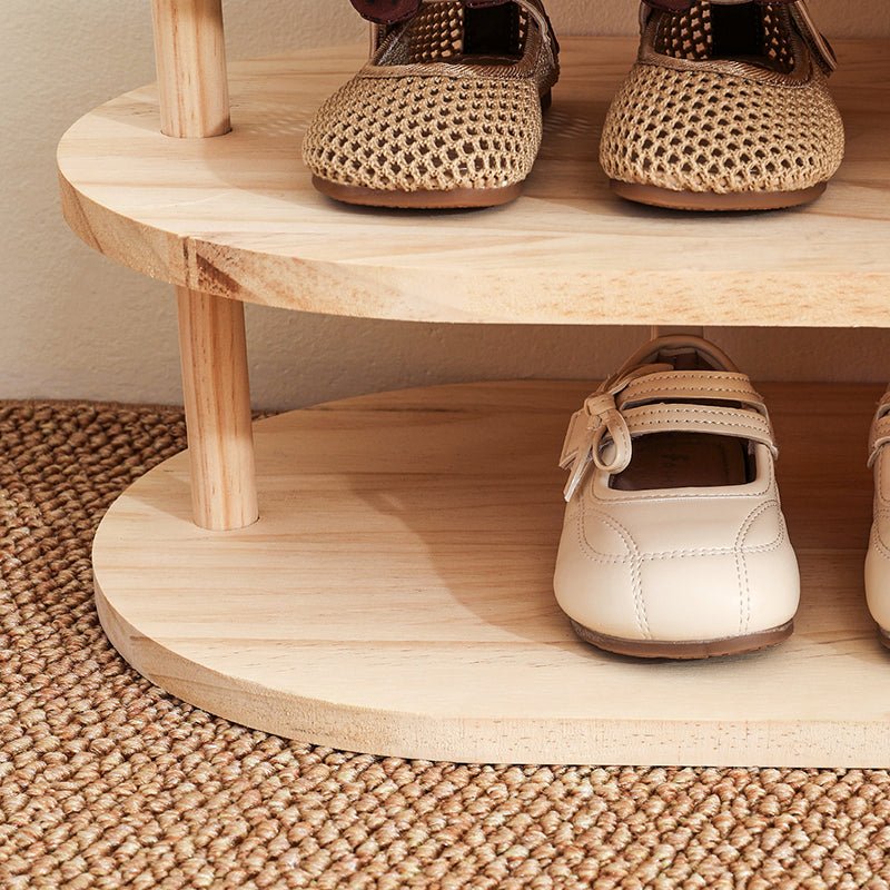 Traditional Japanese Pine Wood Kids Shoe Rack Oval Tier Lifestyle