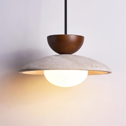 Travertine Pendant Light Inverted Dome Wood Back