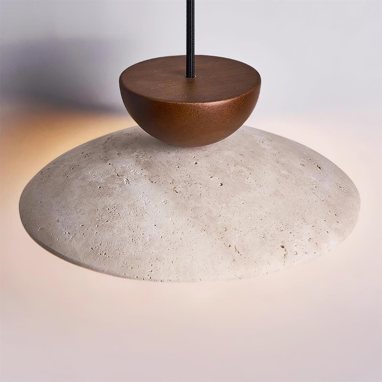 Travertine Pendant Light Inverted Dome Wood Close Up