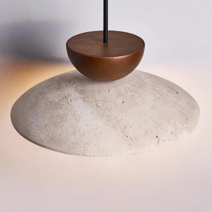 Travertine Pendant Light Inverted Dome Wood Close Up