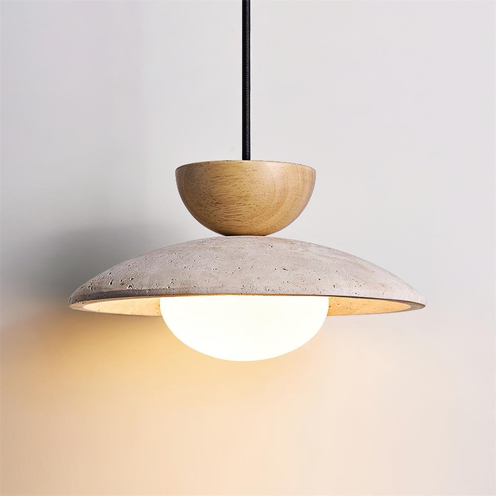 Travertine Pendant Light Inverted Dome Wood Front