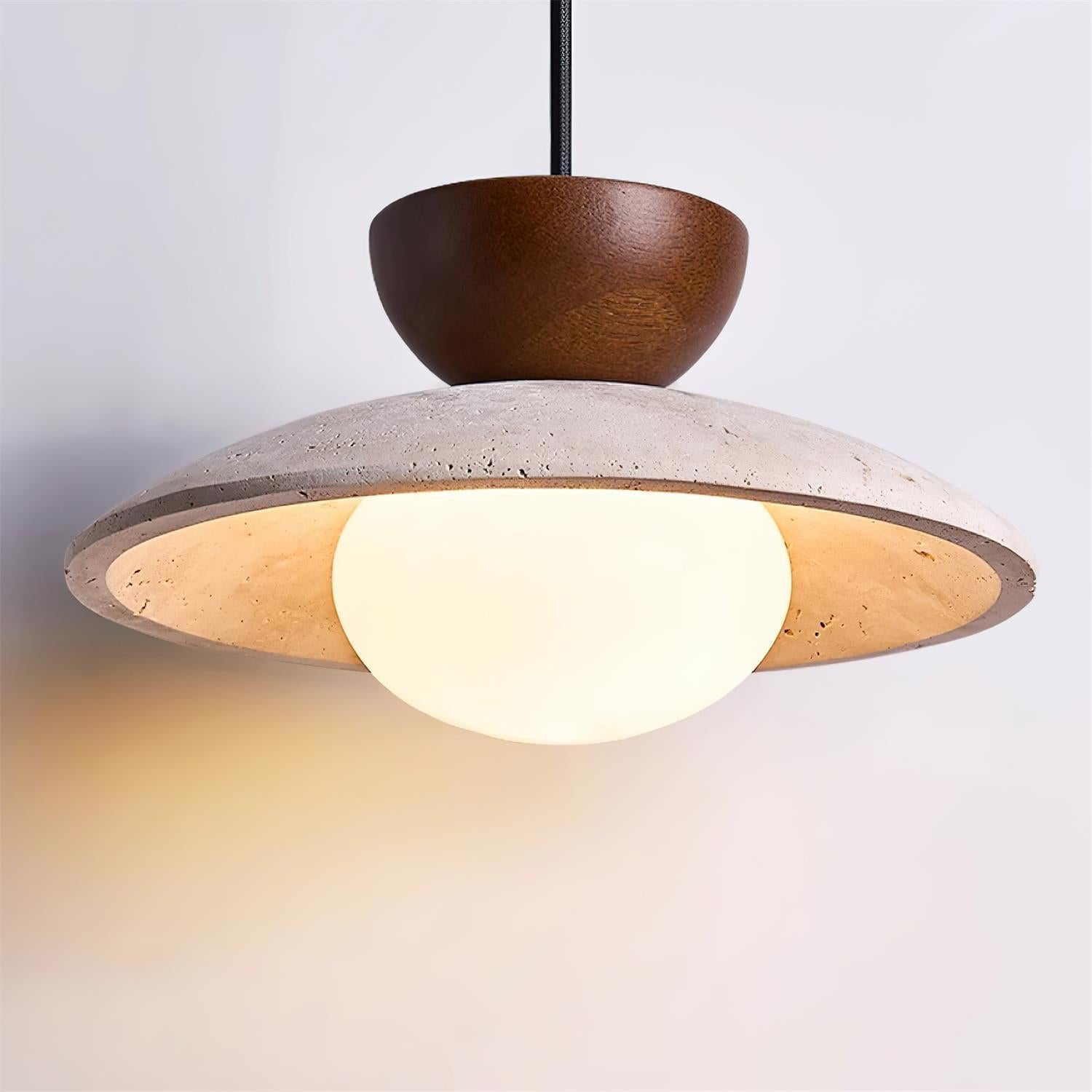 Travertine Pendant Light Inverted Dome Wood Lifestyle