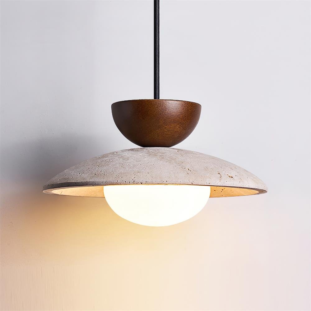 Travertine Pendant Light Inverted Dome Wood Side