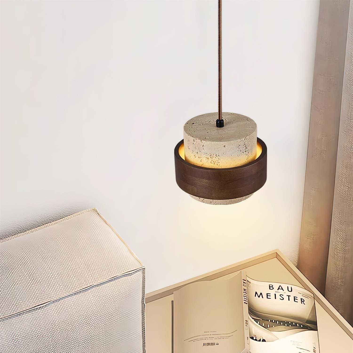 Travertine Pendant Light Tiered Cylinder Wood Band Back