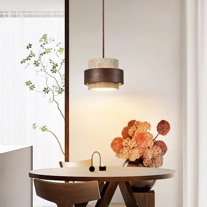 Travertine Pendant Light Tiered Cylinder Wood Band Detail