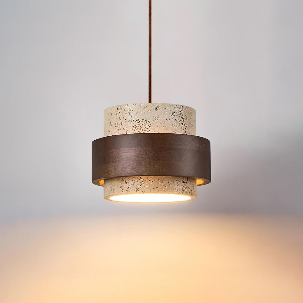 Travertine Pendant Light Tiered Cylinder Wood Band Front