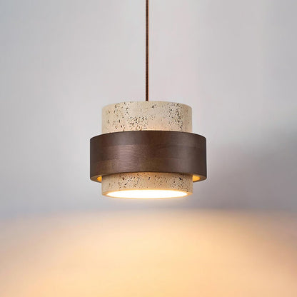 Travertine Pendant Light Tiered Cylinder Wood Band Front