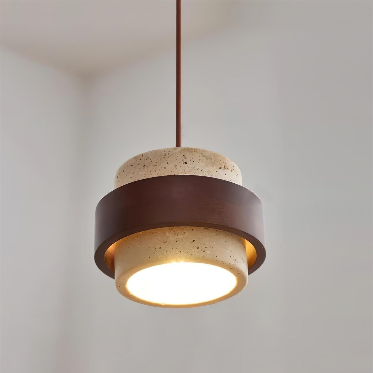 Travertine Pendant Light Tiered Cylinder Wood Band Side