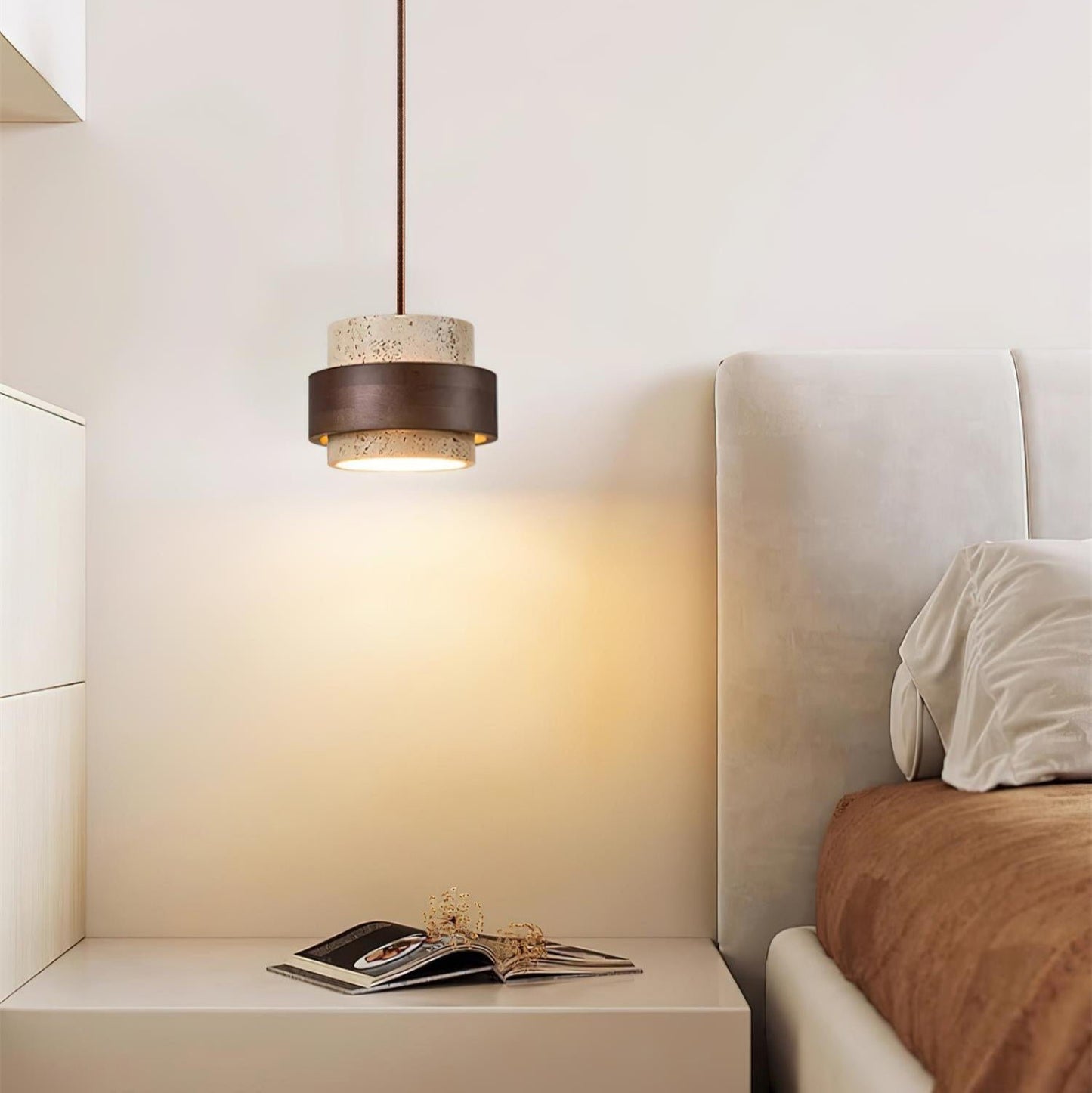 Travertine Pendant Light Tiered Cylinder Wood Band View 11