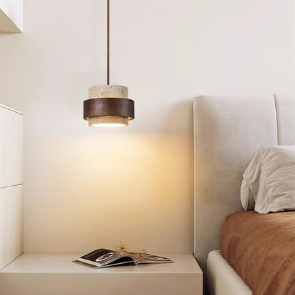 Travertine Pendant Light Tiered Cylinder Wood Band View 11