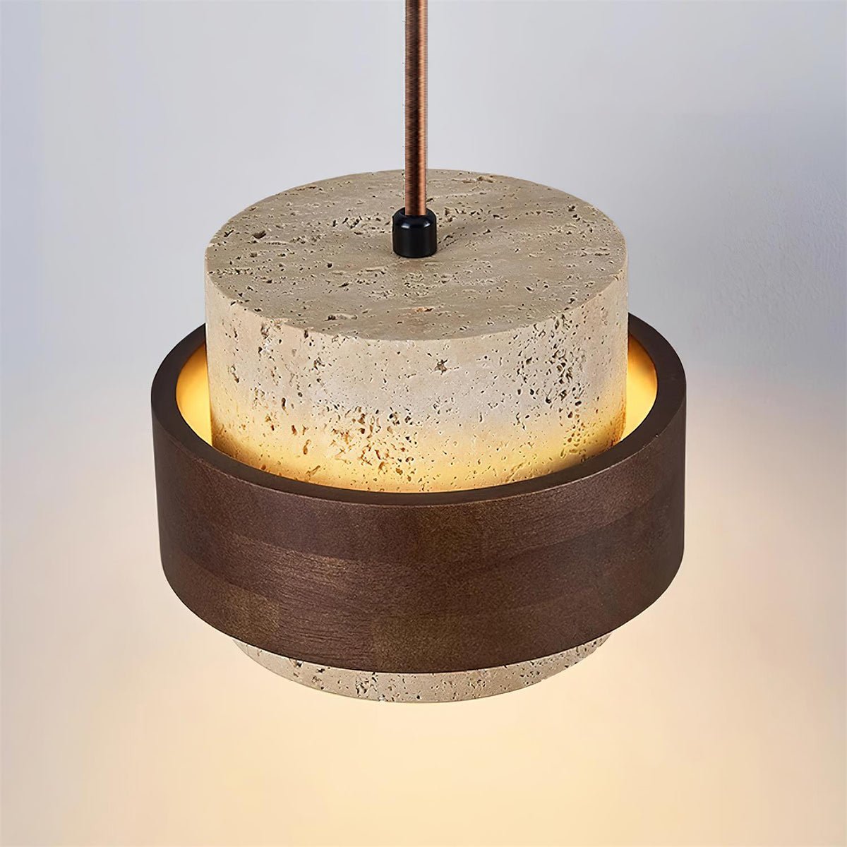 Travertine Pendant Light Tiered Cylinder Wood Band View 12