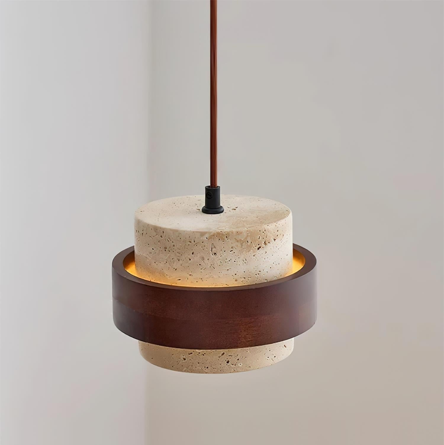 Travertine Pendant Light Tiered Cylinder Wood Band View 13