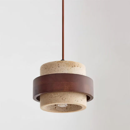 Travertine Pendant Light Tiered Cylinder Wood Band View 14