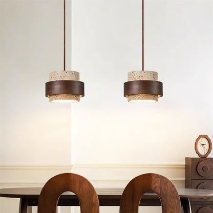 Travertine Pendant Light Tiered Cylinder Wood Band View 15