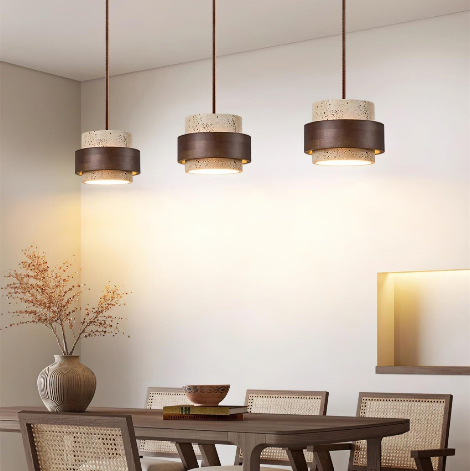 Travertine Pendant Light Tiered Cylinder Wood Band View 16