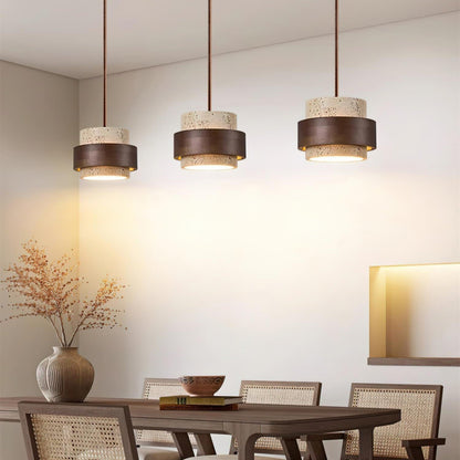 Travertine Pendant Light Tiered Cylinder Wood Band View 16