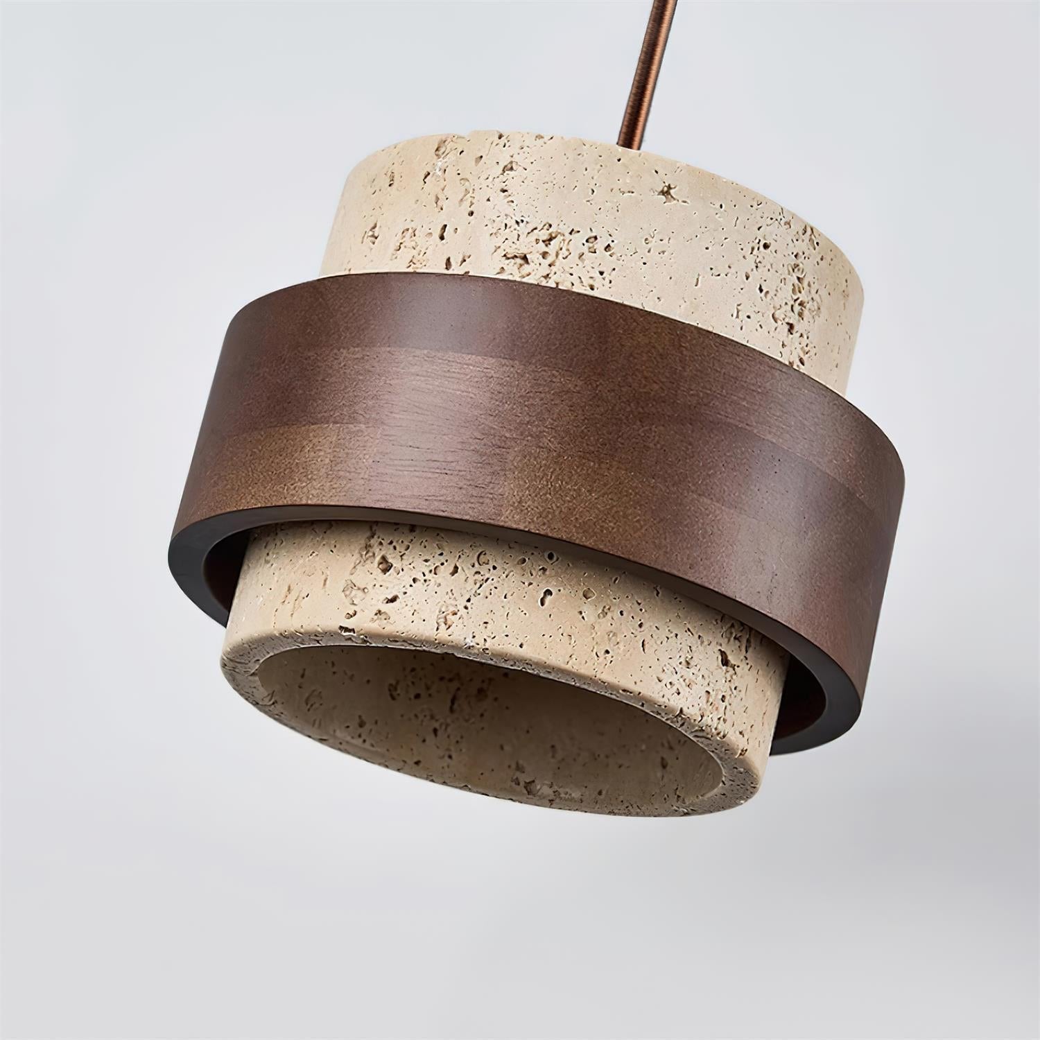 Travertine Pendant Light Tiered Cylinder Wood Band View 17