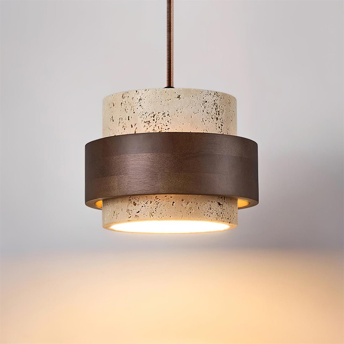 Travertine Pendant Light Tiered Cylinder Wood Band View 18