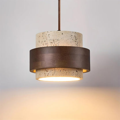 Travertine Pendant Light Tiered Cylinder Wood Band View 18