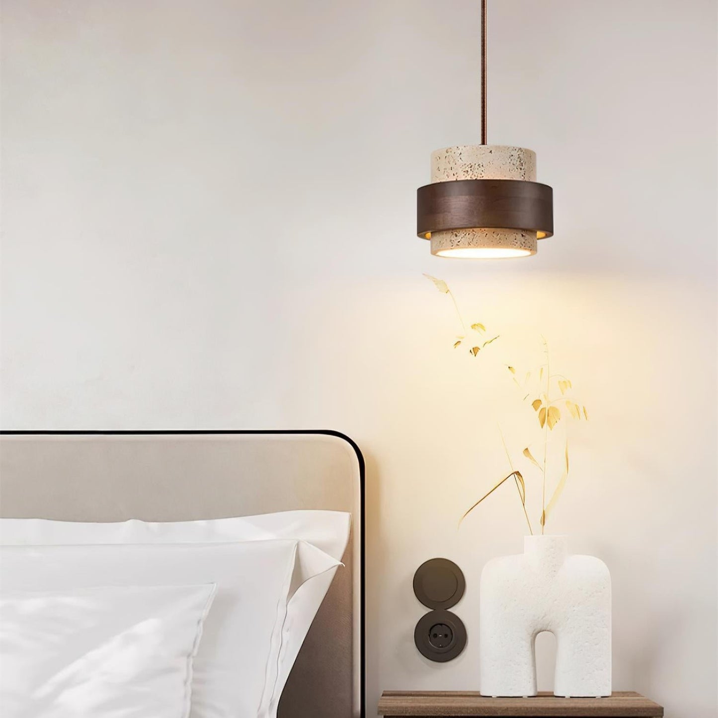Travertine Pendant Light Tiered Cylinder Wood Band View 19