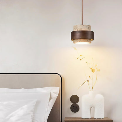 Travertine Pendant Light Tiered Cylinder Wood Band View 19
