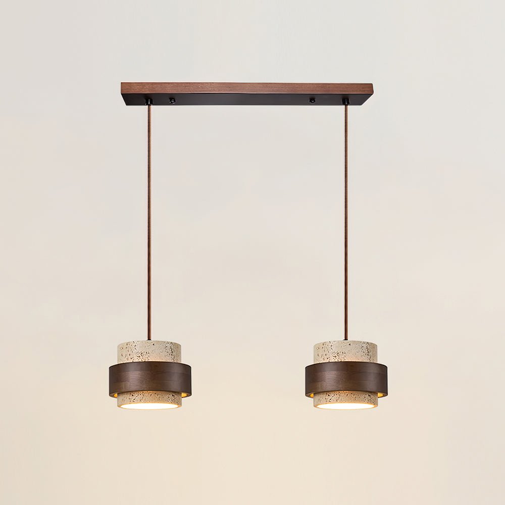 Travertine Pendant Light Tiered Cylinder Wood Band View 20