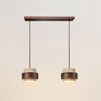 Travertine Pendant Light Tiered Cylinder Wood Band View 20