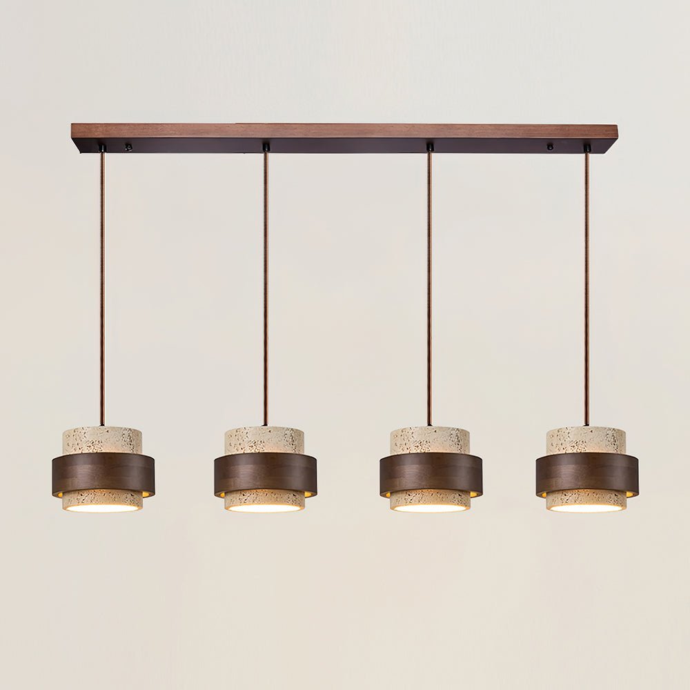 Travertine Pendant Light Tiered Cylinder Wood Band View 21