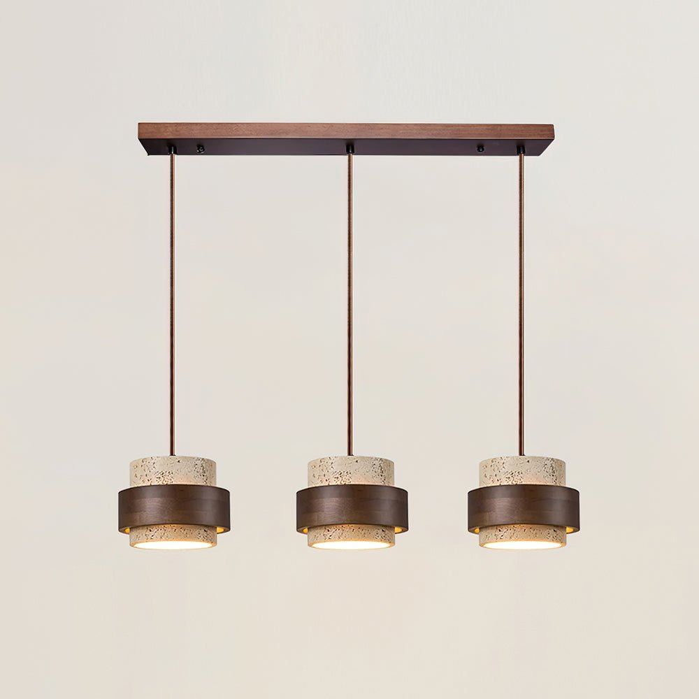 Travertine Pendant Light Tiered Cylinder Wood Band View 22