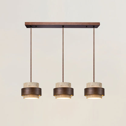 Travertine Pendant Light Tiered Cylinder Wood Band View 22