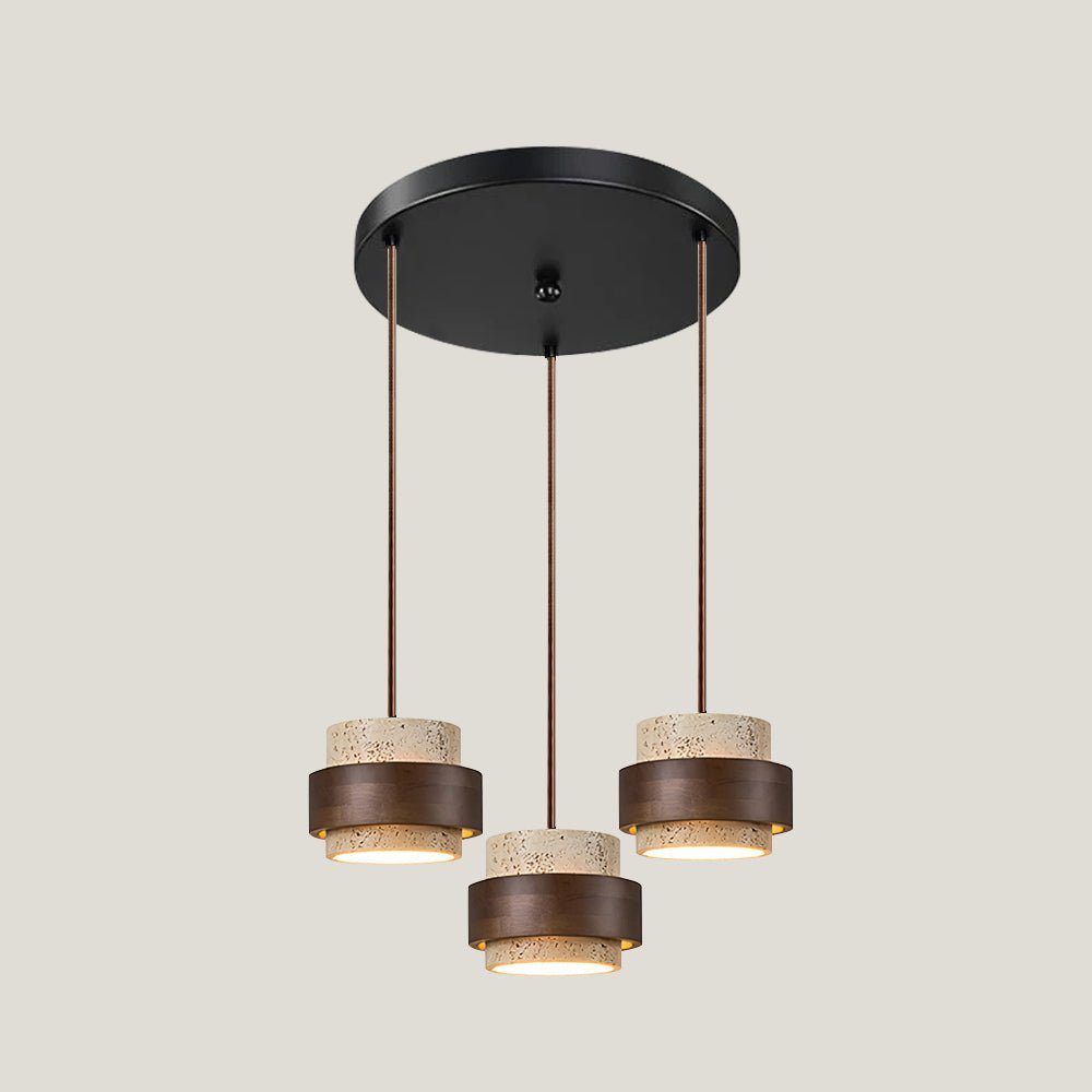 Travertine Pendant Light Tiered Cylinder Wood Band View 25