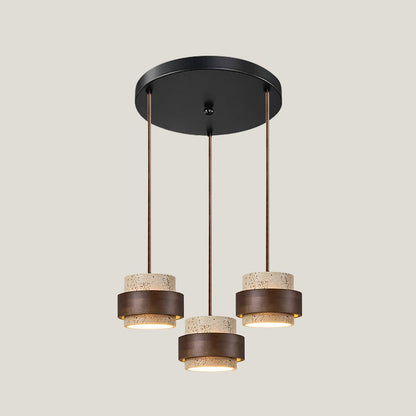Travertine Pendant Light Tiered Cylinder Wood Band View 25