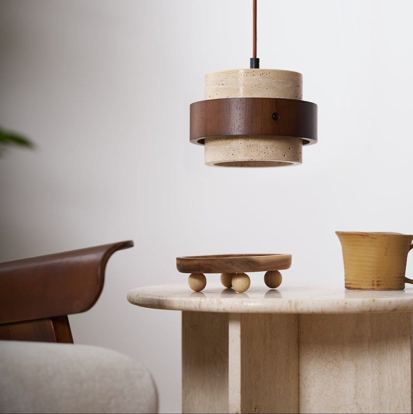 Travertine Pendant Light Tiered Cylinder Wood Band View 26