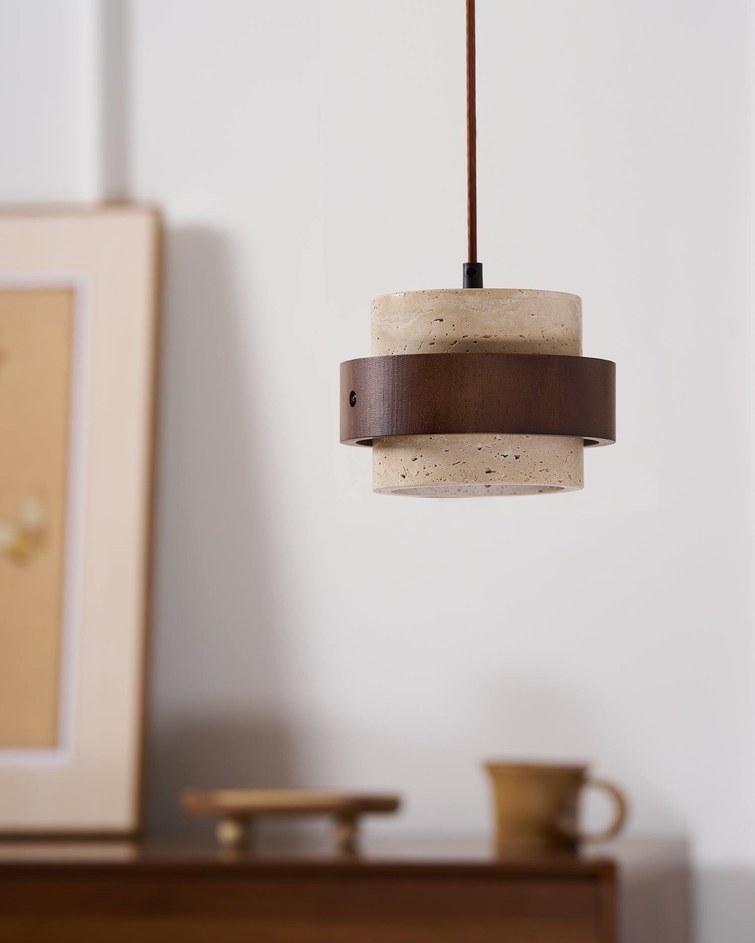 Travertine Pendant Light Tiered Cylinder Wood Band View 27