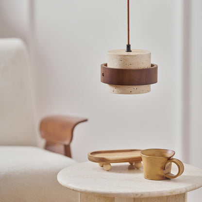 Travertine Pendant Light Tiered Cylinder Wood Band View 28