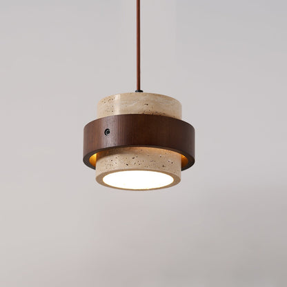 Travertine Pendant Light Tiered Cylinder Wood Band View 29