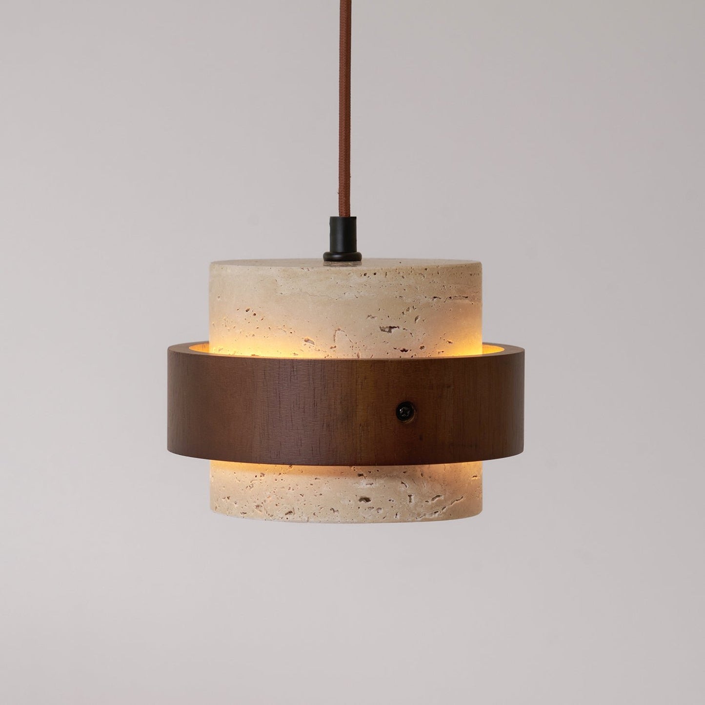 Travertine Pendant Light Tiered Cylinder Wood Band View 30