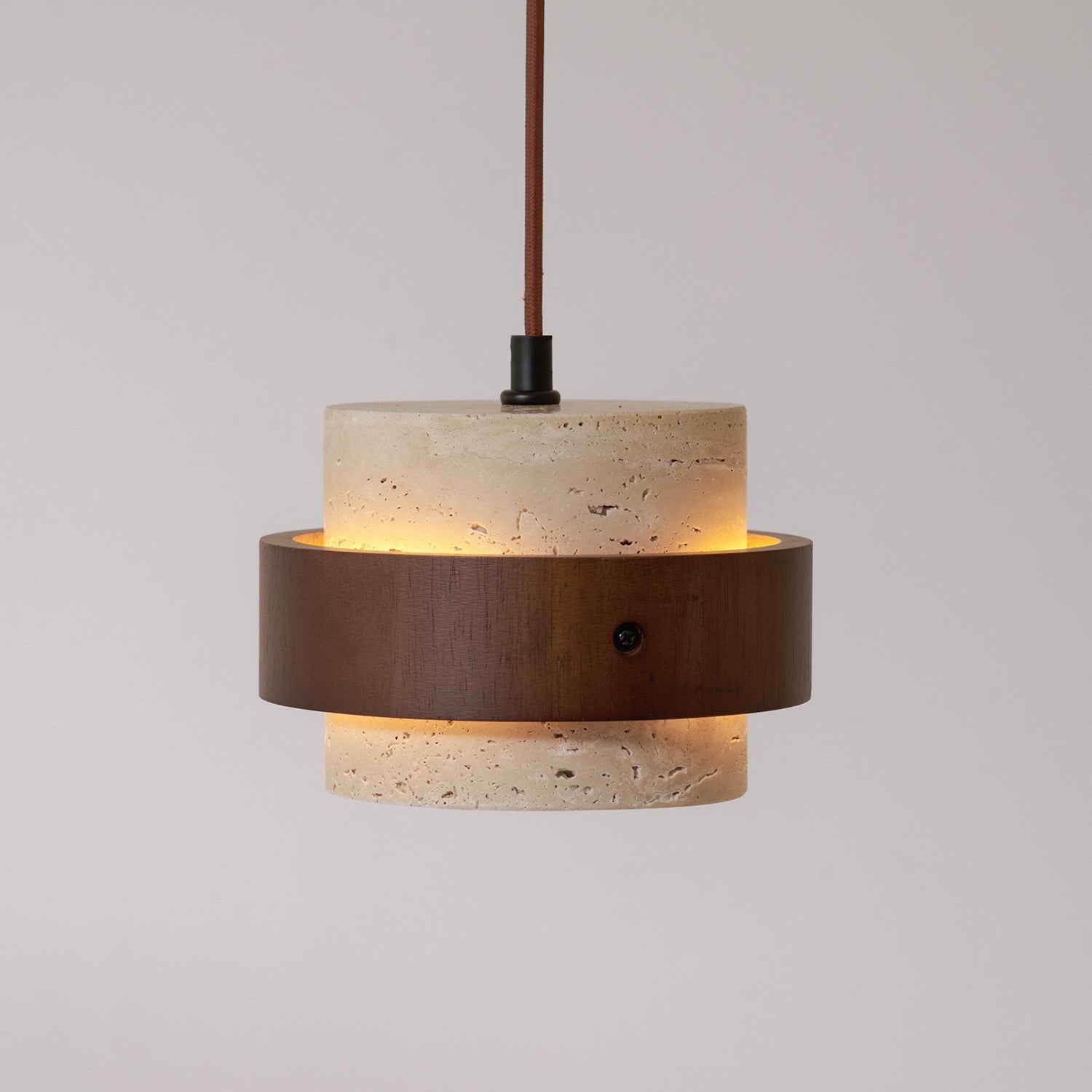 Travertine Pendant Light Tiered Cylinder Wood Band View 30
