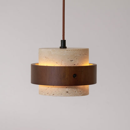 Travertine Pendant Light Tiered Cylinder Wood Band View 30